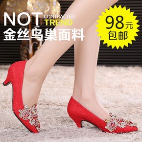 新款水钻婚鞋女红色高跟鞋细跟女结婚新娘鞋红鞋中跟龙凤旗袍单鞋