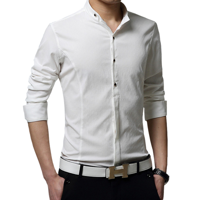 男装春季青年纯色长袖衬衫男立领亚麻衬衣英伦修身型韩版复古常规