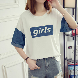 T恤女夏新款韩版学生牛仔拼接字母七分袖短袖体恤宽松半袖上衣服