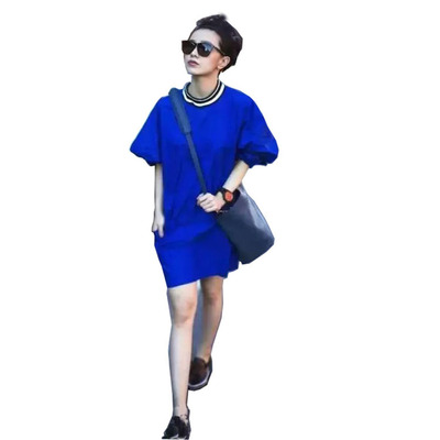 2016新款时尚针织裙郭采洁同款蓝色连衣裙夏季女装纯色休闲宽松裙