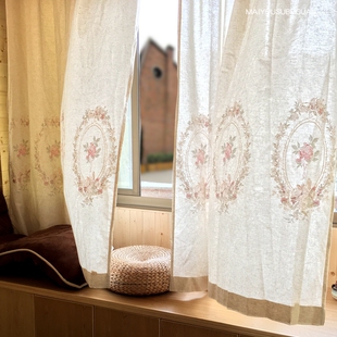 「沉香」韩国麻棉刺绣镜中花美式遮光窗帘卧室客厅阳台窗帘定制