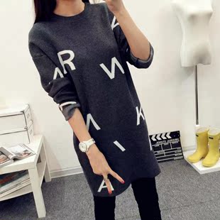 2015韩版秋冬新款女装字母提花针织衫中长版宽松加厚圆领毛衣