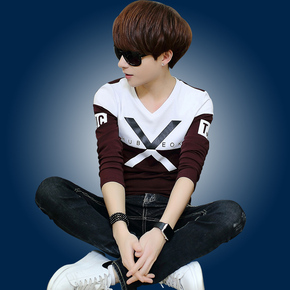 长袖T恤男士青少年韩版修身学生纯棉V领体恤男生秋季潮流男装衣服