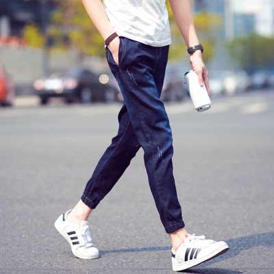 夏季韩版潮流男士青少年弹力修身设计休闲九分束脚裤款哈伦牛仔裤