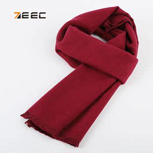 ZEEC秋冬季韩版男士围巾高档真丝英伦纯色酒红保暖加厚长款围巾
