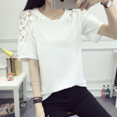 2016夏韩版女士短袖T恤纯色圆领修身显瘦打底衫蕾丝拼接纯棉上衣