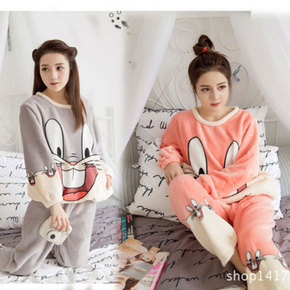 冬季女加厚法兰绒长袖家居服珊瑚绒可爱韩版卡通兔八哥少女睡衣
