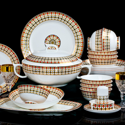 景德镇陶瓷器58头高档骨瓷餐具套装金边中式碗碟套装碗盘送礼正品