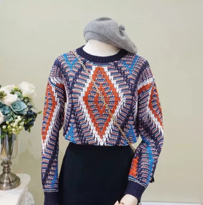 2016韩版女装新款FOR重工混色菱形圆领针织套头毛衣