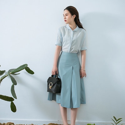 夏季原创设计欧美蓝色优雅衬衫 高腰中长款大摆裙两件套装连衣裙