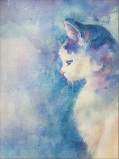 忧郁猫咪水粉水彩风格挂画壁画无框画装饰画多种尺寸两幅九折包邮