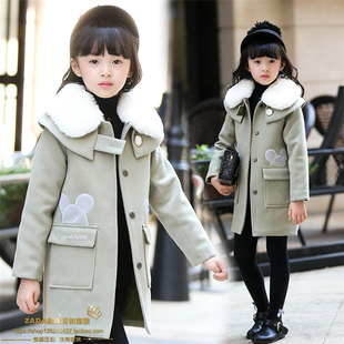 韩国童装2016冬装新款韩版女童毛呢大衣中大童呢子毛领中长款外套