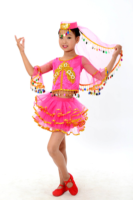 女童新疆舞亮片裙新款天竺少女民族舞蹈服夏儿童印度肚皮舞表演服