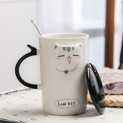 创意浮雕猫咪陶瓷杯子马克杯带盖勺可爱韩版办公室咖啡杯情侣水杯