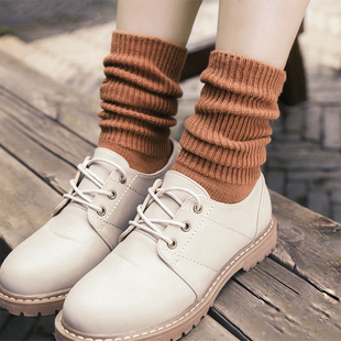 韩国纯色全棉堆堆袜森系复古女士纯棉中筒袜竖条纹秋冬潮流短靴袜