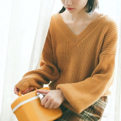 针织衣女套头2016秋装新款韩版学生短款上衣灯笼袖针织衫毛衣外套
