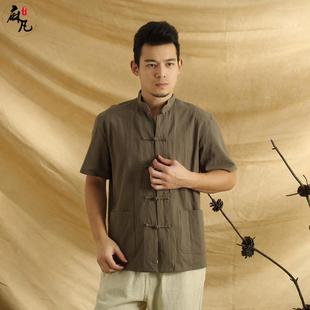 中国风2016夏装男士休闲棉麻衬衫对襟短袖透气纯色打底上衣男装
