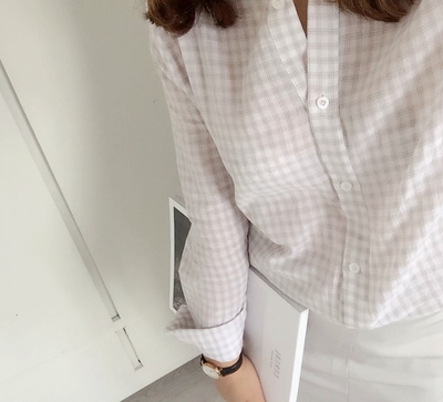 【GUOXI定制】独家韩国代购款清新cream杏灰细格纹衬衫