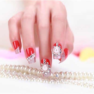 一盒24片红色宝珠新娘美甲假指甲 中长款贴片成品珍珠美甲片 包邮
