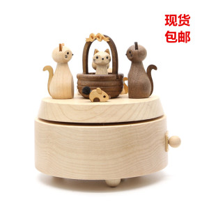 台湾木质音乐盒wooderful life祝福猫咪旋转八音盒创意女生日礼物