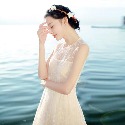 夏季白色仙女蕾丝刺绣露背雪纺连衣裙波西米亚长裙海岛度假沙滩裙