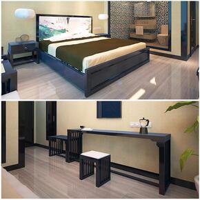 高档三四星级商务酒店中式客房喷油漆床架 1.8米全套实木家具桌子