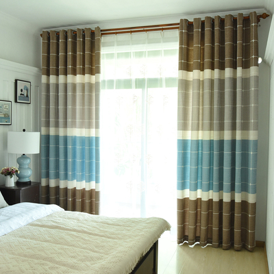 简约现代地中海拼色条纹格子雪尼尔遮光窗帘布成品客厅卧室书房