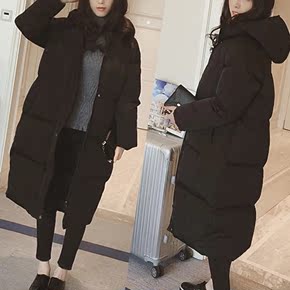 2016冬装新款韩版纯色连帽棉衣女中长款加厚过膝外套大码宽松棉服