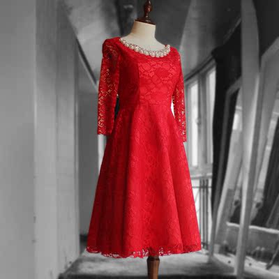 敬酒服红色蕾丝七分袖中长款红裙子时尚显气质绑带修身平时可以穿