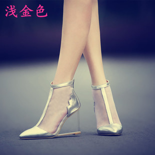 新款韩版明星尖头单鞋透明跟坡跟高跟女鞋网纱真皮透气网性感女鞋