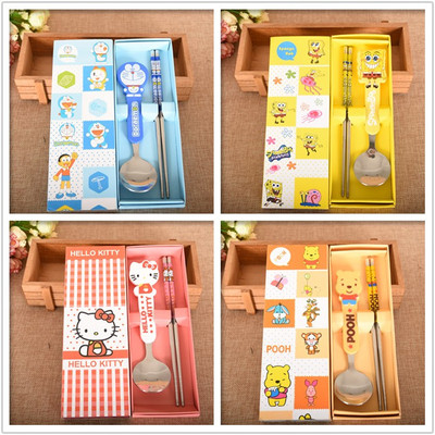 可爱儿童餐具套装卡通不锈钢勺子筷子两件套礼盒旅行餐具礼品批发