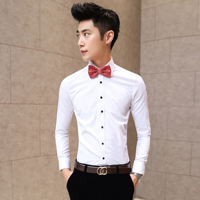 男士长袖衬衫韩版潮流新郎伴郎时尚百搭黑白纯色修身衬衫