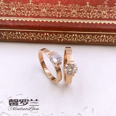 韩版时尚单钻一克拉戒指镀18k玫瑰金彩金不褪色女结婚钻戒对戒