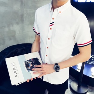 夏季男士牛津纺短袖衬衫 纯色青年韩版修身商务休闲免烫薄款衬衣