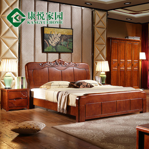 雕花全实木床1.8米橡木美式床高箱床储物床 现代中式双人大床婚床