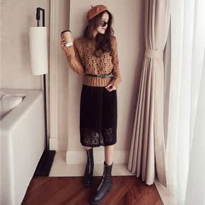 秋季新款韩国显瘦镂空针织上衣+百褶蕾丝背心裙两件套装连衣裙女