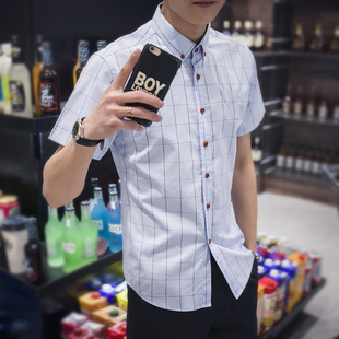 2016夏季新款短袖衬衫格子休闲韩版纯棉衬衣男士修身半袖寸衣青年