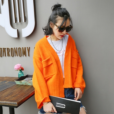 2016秋季新款 韩版短款学生蝙蝠袖纯色针织开衫女 大口袋毛衣上衣