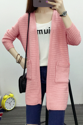 2016秋装新款韩版中长款口袋针织衫开衫百搭毛衣外套女