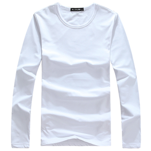 春季男士长袖t恤圆领打底衫薄 纯色白色黑色纯棉衣服修身男装体恤