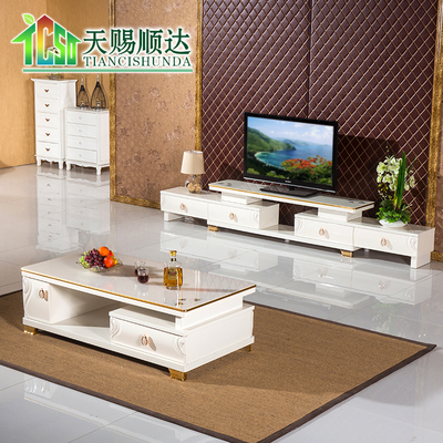 象牙白色烤漆电视柜简约现代伸缩组合玻璃电视柜茶几组合套装特价