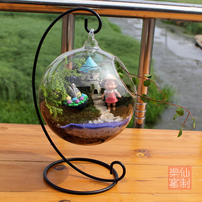 悬挂玻璃苔藓花瓶 多肉植物微景观铁架吊瓶 创意玻璃工艺品