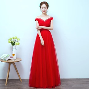 2016新款秋季韩版一字肩修身显瘦新娘红色结婚敬酒服长款订婚礼服