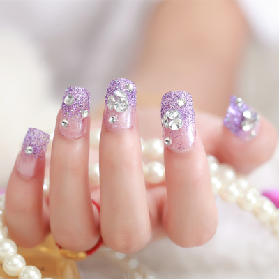 紫色美甲成品 新娘假指甲贴片 拍照背胶款美甲片 方头防水指甲片