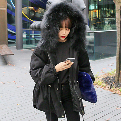 韩国2016冬女装新款毛领厚保暖抽绳黑色连帽宽松时尚工装棉服外套