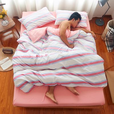 日式纯棉四件套1.5m床条纹格子1.8m全棉男士加大2米被套床单床笠