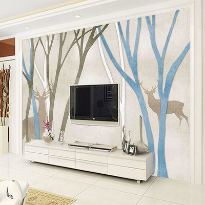 3D电视背景墙壁纸无纺布墙纸客厅卧室无缝壁画墙布北欧麋鹿树美式