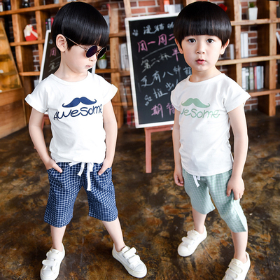 童装男宝宝夏装套装2-7岁儿童韩版格子撞色胡子短袖T恤中裤两件套