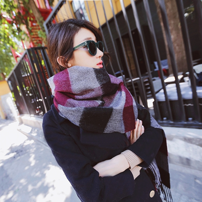 100%纯羊毛围巾格子秋冬季韩版学生女加厚双面羊绒百搭两用大披肩