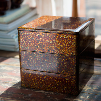 安泰橋  福州漆器 方型三層金虫纹京果盒